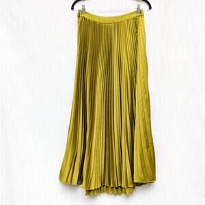 Zara Green Glossy Satin High Waist Pleated A-line Midi Skirt, size XS